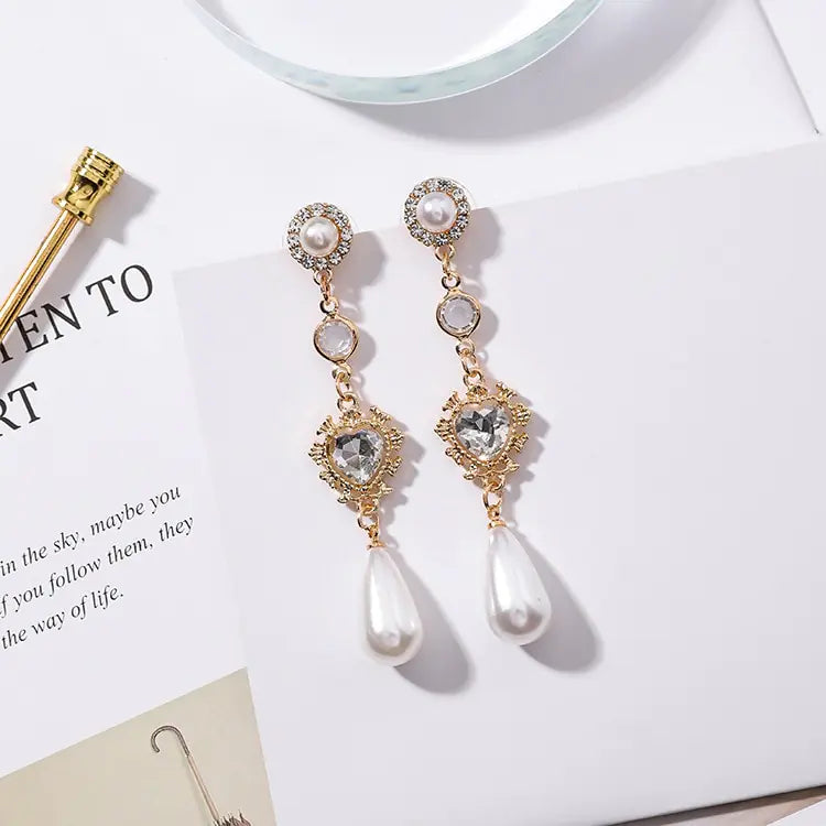 Elegant Silver Pearl Heart Earrings