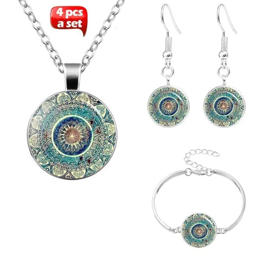 4pcs Vintage Mandala Flower Gemstone Jewelry Set