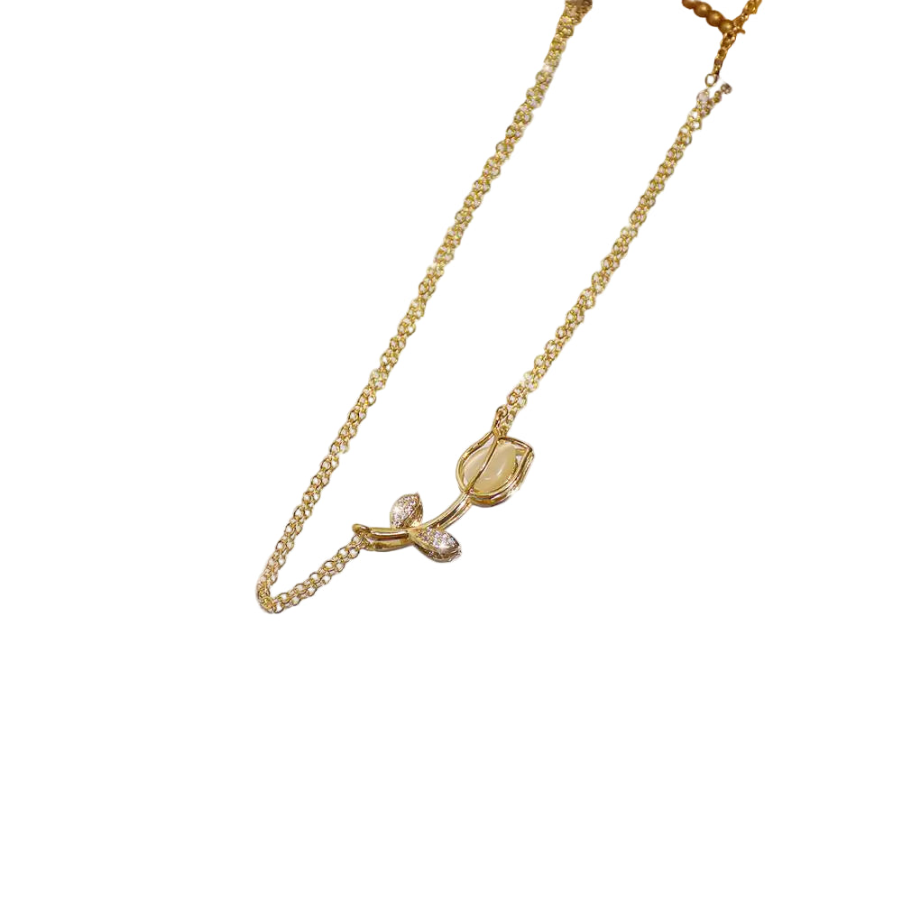 Elegant 14K Gold Rose Flower Necklace with Opal Zircon